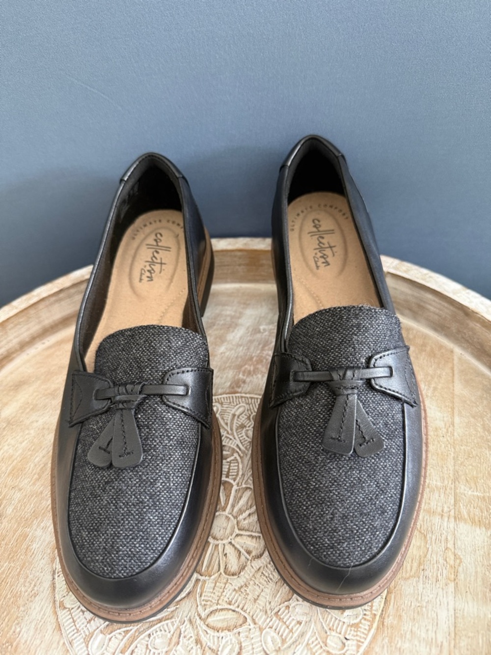 Clarks Women’s Black Leather & Charcoal Textile Tassel Loafers